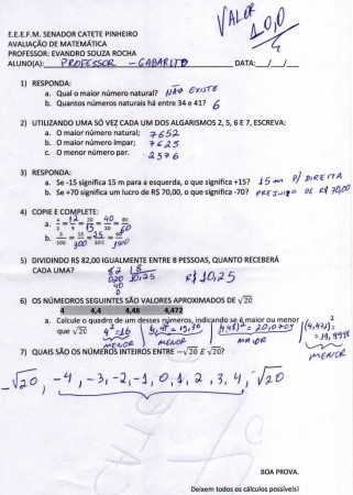 RESOLUÇÃO ( Avaliação 7º CATETE PINHEIRO )
